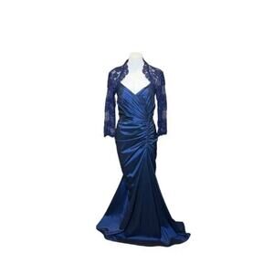 Tadashi Shoji Navy Blue Guipure Lace Taffeta draped long sleeve Gown Sz 14 Forma